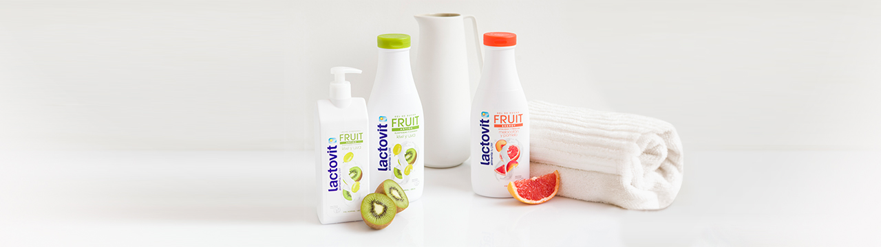 gama frutal de leche corporal y gel lactovit, con kiwi y uva o melocotón y pomelo